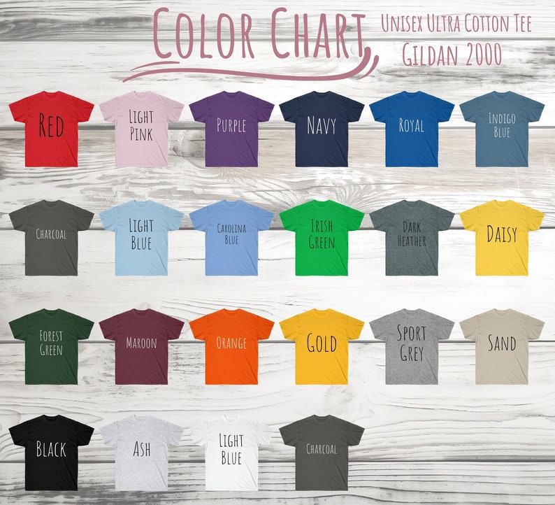May include: Color chart showing 20 different t-shirt colors. The colors are arranged in four rows of five. The colors are: red, light pink, purple, navy, royal, indigo blue, charcoal, light blue, Carolina blue, Irish green, dark heather, daisy, forest green, maroon, orange, gold, sport grey, sand, black, ash, light blue, and charcoal.