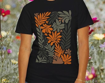 Abstrakt blommig t-shirt: Modern konst, Matisse-look, jordfärger, ren bomull