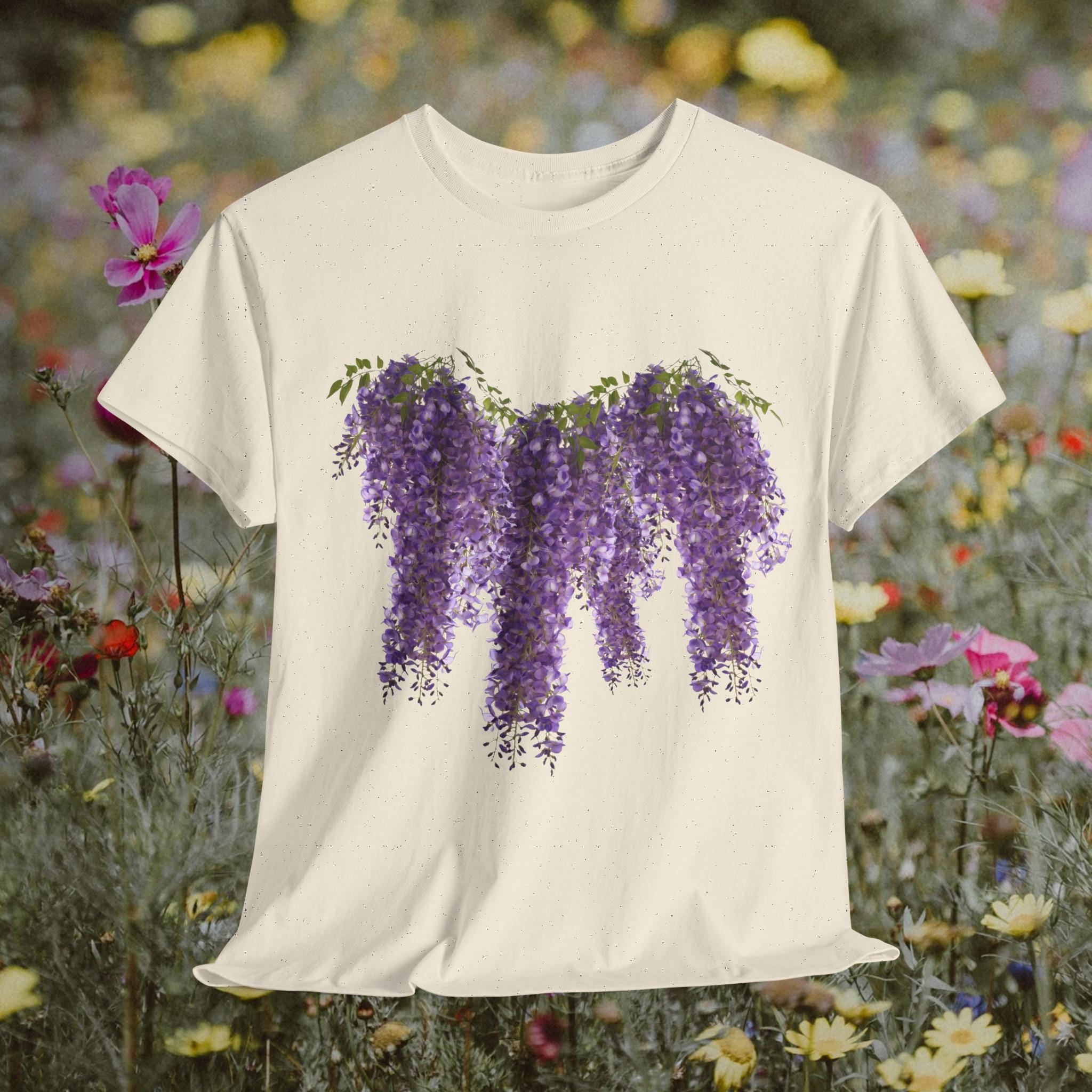藤の花柄Tシャツ、ボタニカルアート、紫の花、ユニセックスコットンT