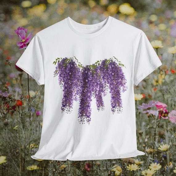 藤の花柄Tシャツ、ボタニカルアート、紫の花、ユニセックスコットンT