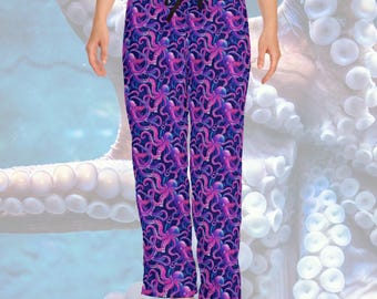 Ocean Octopus Print Pajama Pants - Comfy Underwater Theme Lounge Wear, Unique Sea Creature Sleepwear, Octopus Christmas Gift