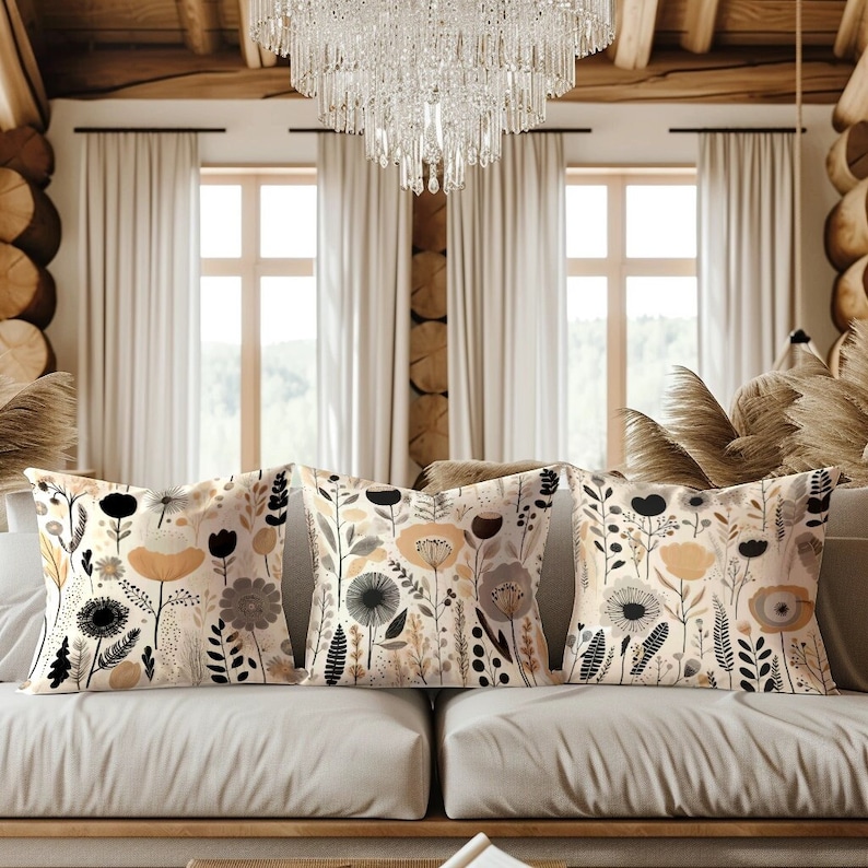 Decorative Pillow Set of 3 for Brown Couch Throw Pillow Cover Flower Boho Accent Pillow Floral Pillow Case for Grey Sofa Neutral Pillow