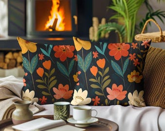 Mid Century Modern Black Floral Throw Pillows Decorative Pillows for Brown Couch Flowers Cushion Covers Farmhouse Throw Pillow Retro Pillows