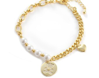 Cherished Memory Bracelet, Gold charm bracelet, Teddy bear Charm, Pearl bracelet, Unique design