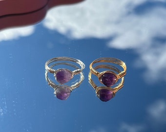 Amethyst Stone Bead Wire Wrapped Ring Gold Silver