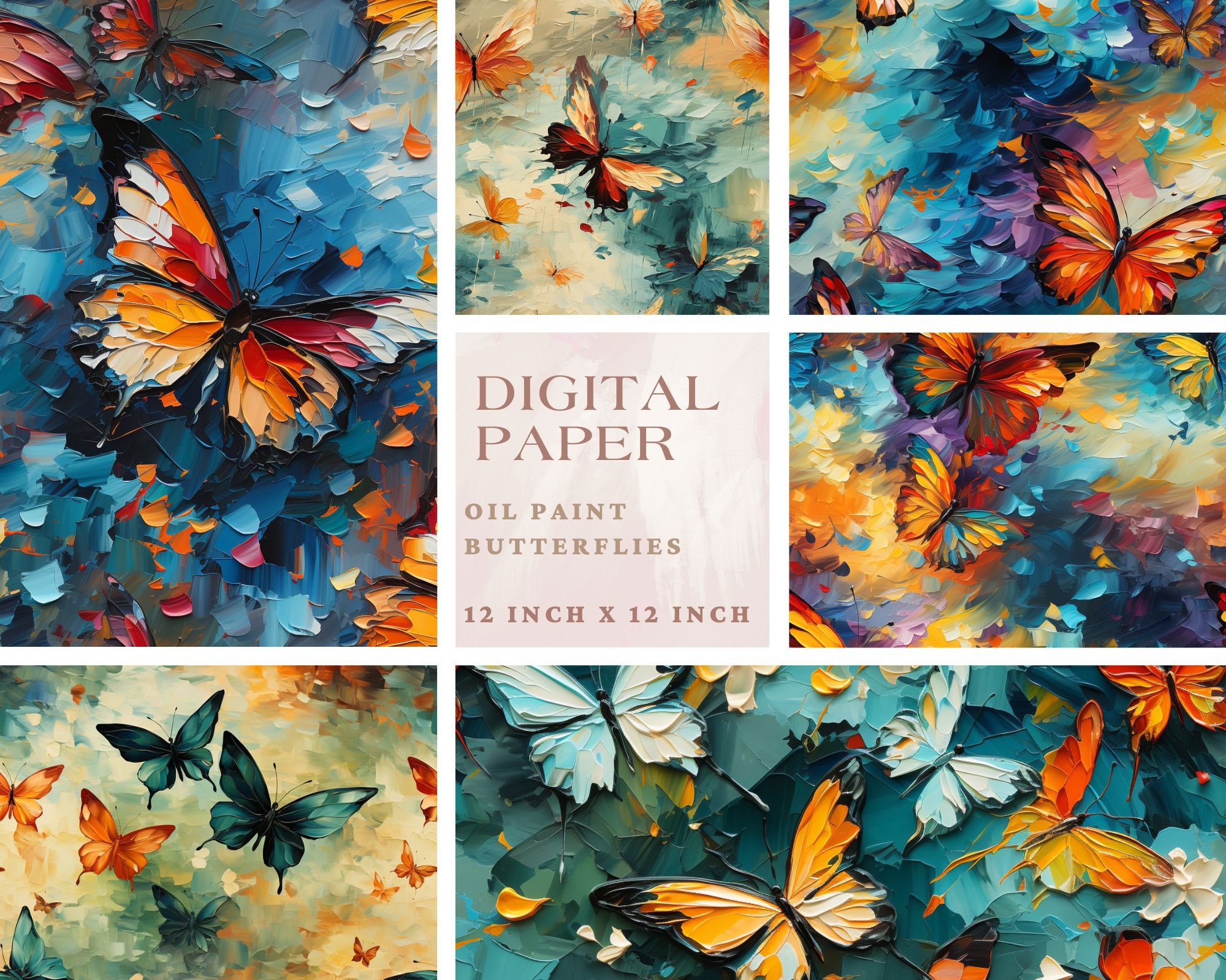 Oil Paint Butterfly Design Digital Paper, 6 Patterns, Instant Download