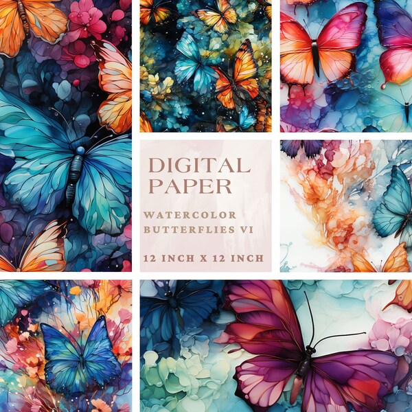 Watercolor Butterfly Design VI Digital Paper, 6 Patterns, Instant Download, SEAMLESS TILED patterns, 12 inch x 12 inch