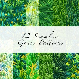 May include: Twelve seamless grass patterns in various shades of green, yellow, and white. The patterns feature different styles of grass blades and textures.