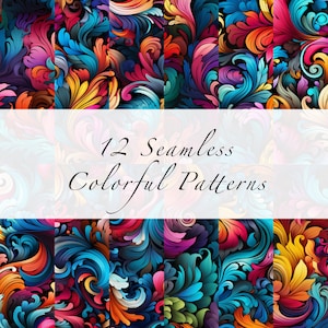 Puede incluir: Doce patrones coloridos sin costuras que presentan intrincados diseños florales en una variedad de colores vibrantes, que incluyen azul, verde, rojo, amarillo y morado.