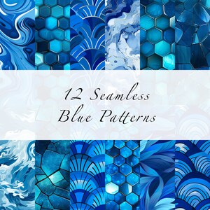 Pode incluir: Doze padrões azuis sem costura que apresentam designs abstratos, formas geométricas e texturas de mármore. Os padrões estão dispostos em uma grade de quatro linhas e três colunas.