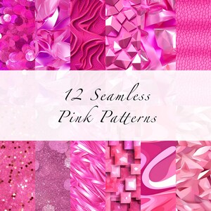 May include: Twelve seamless pink patterns in a variety of textures, including glitter, geometric, and abstract designs.  The patterns are perfect for digital scrapbooking, crafting, and other creative projects.