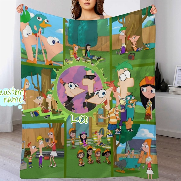 Customized Phineas and Ferb Blanket Personalized Flannel Couch Nap Blanket Bedding Valentine's Comfortable Bedroom Birthday Child Gift