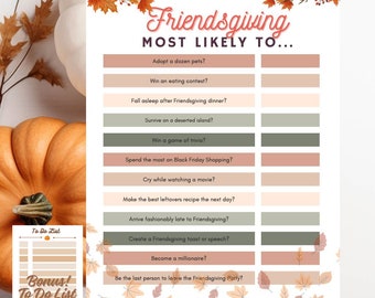 Könnte beinhalten: Ein druckbares Friendsgiving-Spiel mit Herbstthema. Das Spiel heißt "Most Likely To..." und enthält Fragen wie "Ein Dutzend Haustiere adoptieren?" und "Die letzte Person sein, die die Friendsgiving-Party verlässt?"