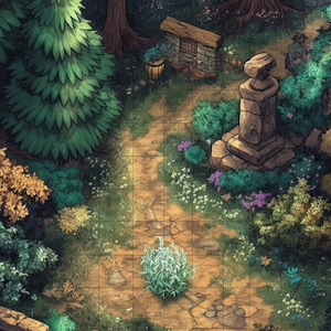 以下が含まれることがあります： 森の中の道を上から見た様子。道は緑の木々と茂みで縁取られ、奥には石のモニュメントがあります。モニュメントは花に囲まれています。画像の下部には「Emerald Grove」という文字が見えます。