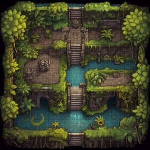 May include: A digital illustration of a jungle temple with stone bridges, stairs, and a flowing river. The temple is surrounded by lush green foliage and trees.
