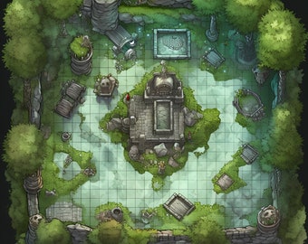 Santuario del bosque enigmático - Mapa de batalla digital para DnD 5e, Roll20, Fantasy Grounds / Ancient Woodland, Cryptic Glyphs, Hidden Caves /
