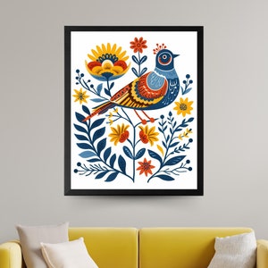 Scandinavian Art Norwegian Folk Art Floral Bird Print Nordic Wall Art Bedroom Living Room Home Cafe Decor 1 PNG 3 Sizes