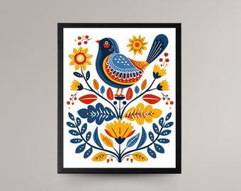 Scandinavian Art Norwegian Folk Art Floral Bird Print Nordic Wall Art Bedroom Living Room Home Cafe Decor 1 PNG 3 Sizes