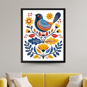Scandinavian Art Norwegian Folk Art Floral Bird Print Nordic Wall Art Bedroom Living Room Home Cafe Decor 1 PNG 3 Sizes