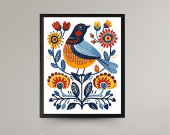 Scandinavian Art Norwegian Folk Art Floral Bird Print Nordic Wall Art Bedroom Living Room Home Cafe Decor 1 PNG 4 Sizes