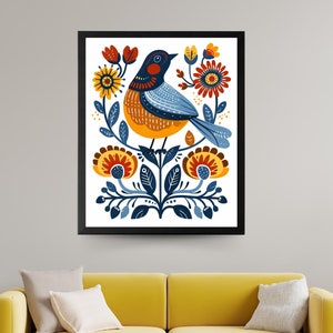 Scandinavian Art Norwegian Folk Art Floral Bird Print Nordic Wall Art Bedroom Living Room Home Cafe Decor 1 PNG 4 Sizes