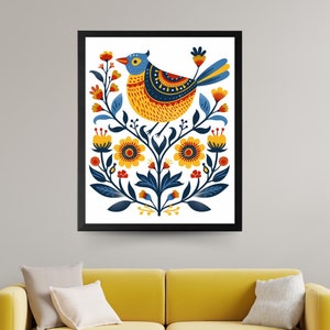 Scandinavian Art Norwegian Folk Art Floral Bird Print Nordic Wall Art Bedroom Living Room Home Cafe Decor 1 PNG 3 Sizes