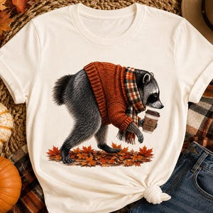 May include: A cream-coloured t-shirt featuring a graphic of a raccoon wearing an orange knit sweater and a plaid scarf, holding a coffee cup labelled Pumpkin Spice, standing on a pile of fallen autumn leaves on a white background.