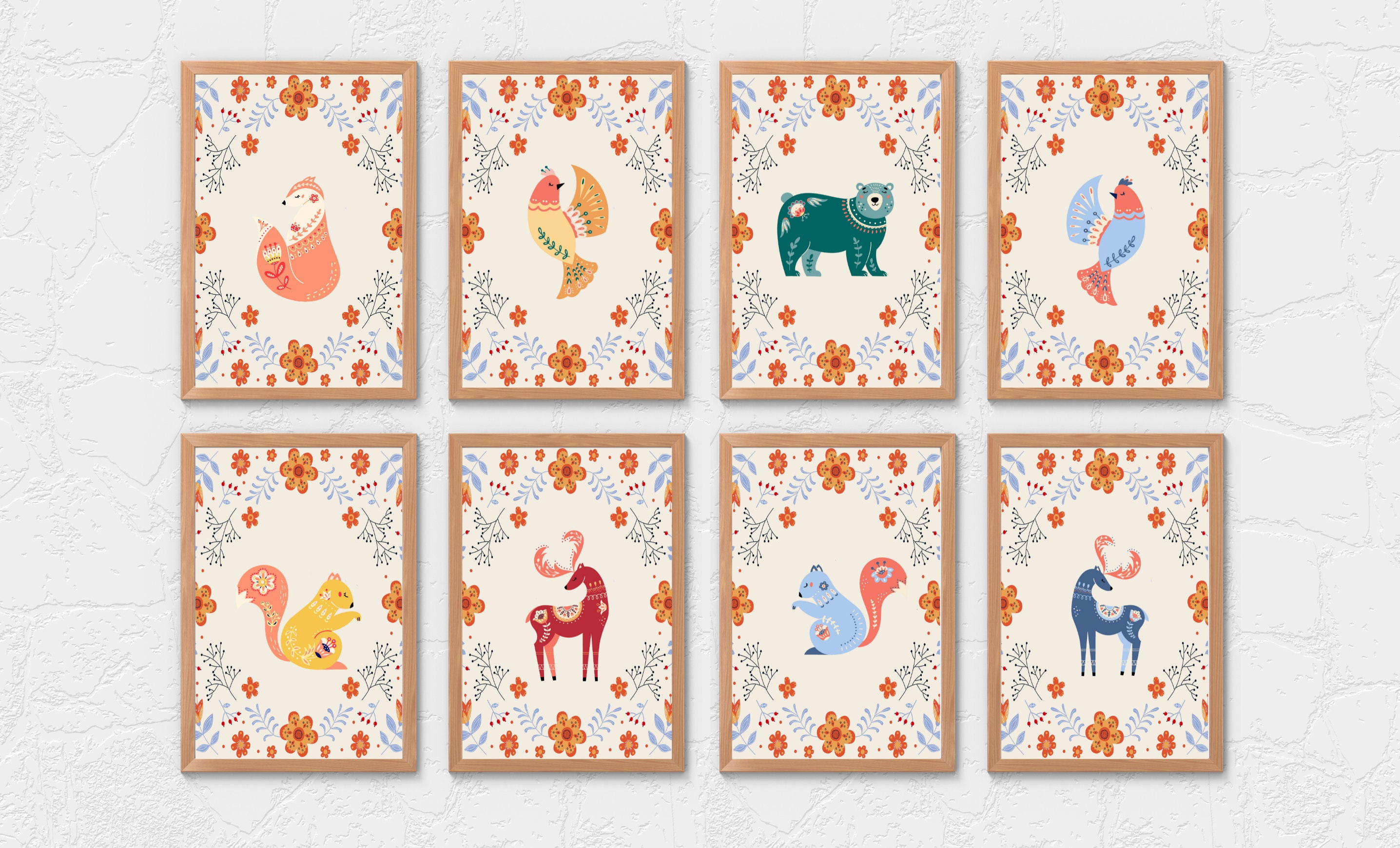 Scandinavian Art Norwegian Folk Art Floral Animal Print Set of 12 Nordic Wall Art Bedroom Living Room Home Cafe Decor 12 PNGs