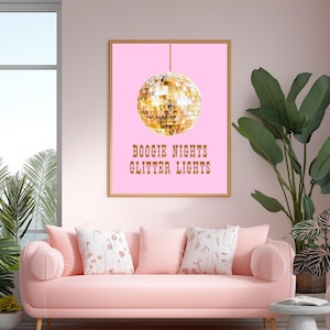 Pink Disco Ball Print, Preppy Wall Art, Western Dorm Room Decor, Glitter Disco Ball Print, Disco Theme, Pink Cowboy Boots, Digital Download