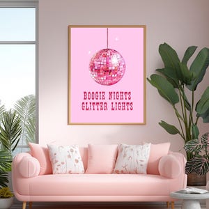 Pink Disco Ball Print, Preppy Wall Art, Western Dorm Room Decor, Glitter Disco Ball Print, Disco Theme, Pink Cowboy Boots, Digital Download