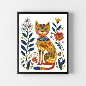Scandinavian Art Norwegian Folk Art Floral Cat Print Nordic Wall Art Bedroom Living Room Home Cafe Decor 1 PNG