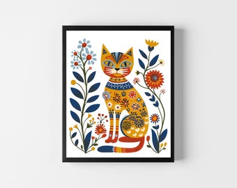 Scandinavian Art Norwegian Folk Art Floral Cat Print Nordic Wall Art Bedroom Living Room Home Cafe Decor 1 PNG