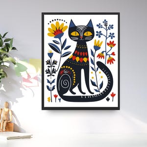 Scandinavian Art Norwegian Folk Art Floral Cat Print Nordic Wall Art Bedroom Living Room Home Cafe Decor 1 PNG