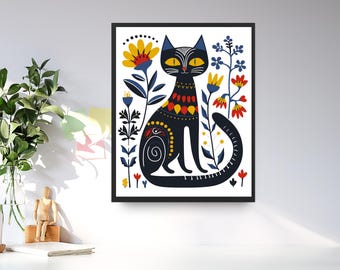 Scandinavian Art Norwegian Folk Art Floral Cat Print Nordic Wall Art Bedroom Living Room Home Cafe Decor 1 PNG