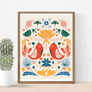 Scandinavian Art Norwegian Folk Art Floral Animal Print Nordic Wall Art Bedroom Living Room Home Cafe Decor 1 PNG