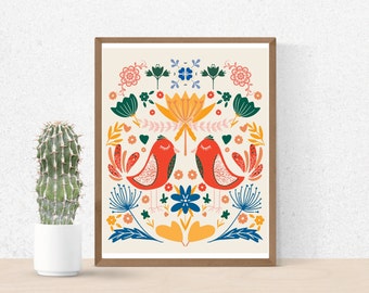 Scandinavian Art Norwegian Folk Art Floral Animal Print Nordic Wall Art Bedroom Living Room Home Cafe Decor 1 PNG