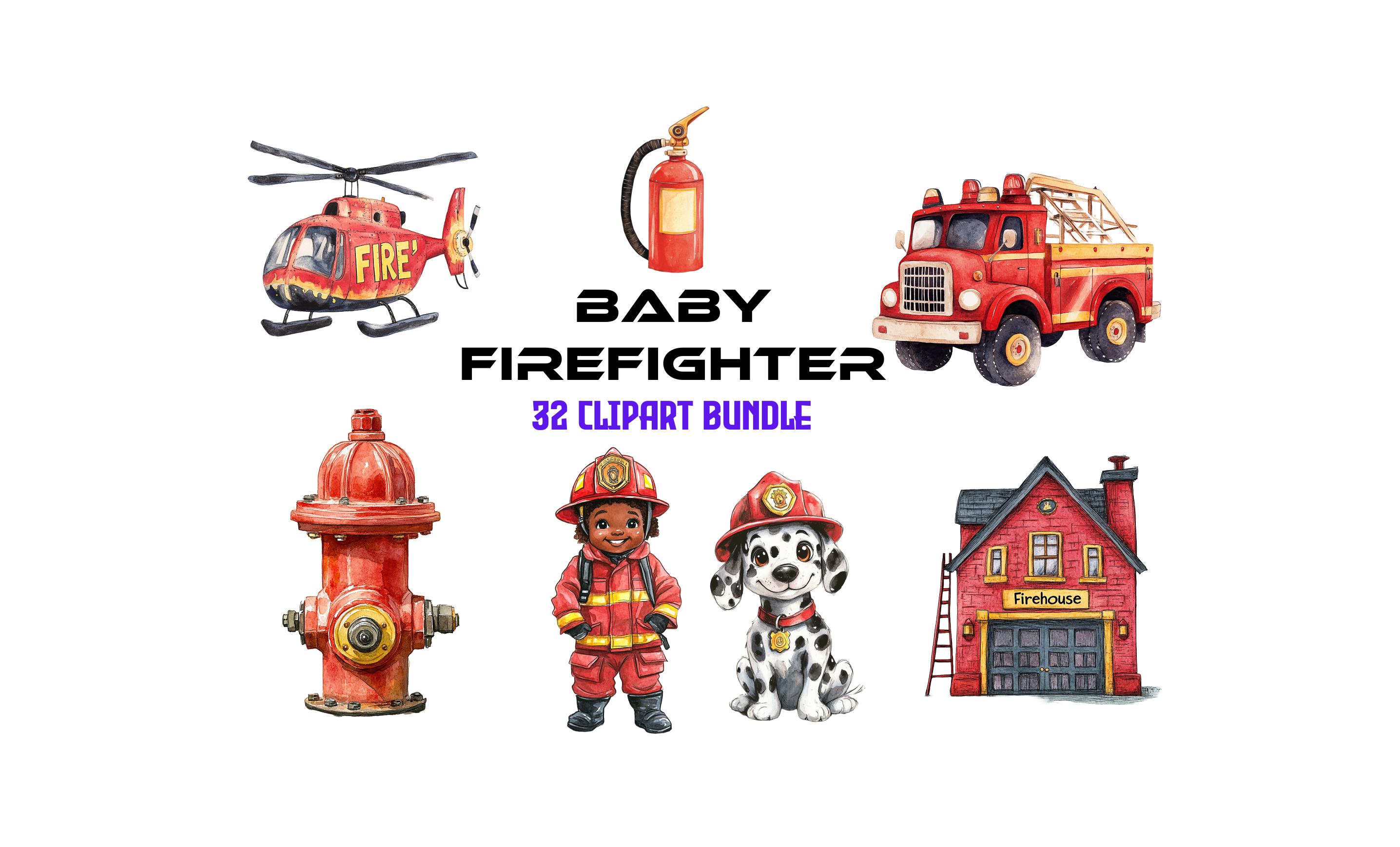 Hand-drawn watercolor illustration of Baby Firefighter Cliparts, Firetruck, DalmatianDog, FireStation, Helicopter, Extinguisher, Hydrant PNG