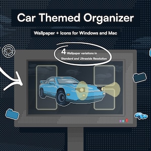 以下が含まれることがあります： WindowsとMac用の「カーテーマオーガナイザー」の一部である、ピクセル化された青いスポーツカーのデジタルグラフィック。画像には「壁紙+アイコン」と「標準およびウルトラワイド解像度の4つの壁紙バリエーション」というテキストが含まれています。