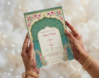 Szablon zaproszenia ślubnego w stylu sikhijskim: Anand Karaj, karta ślubna w języku pendżabskim (pobranie cyfrowe)