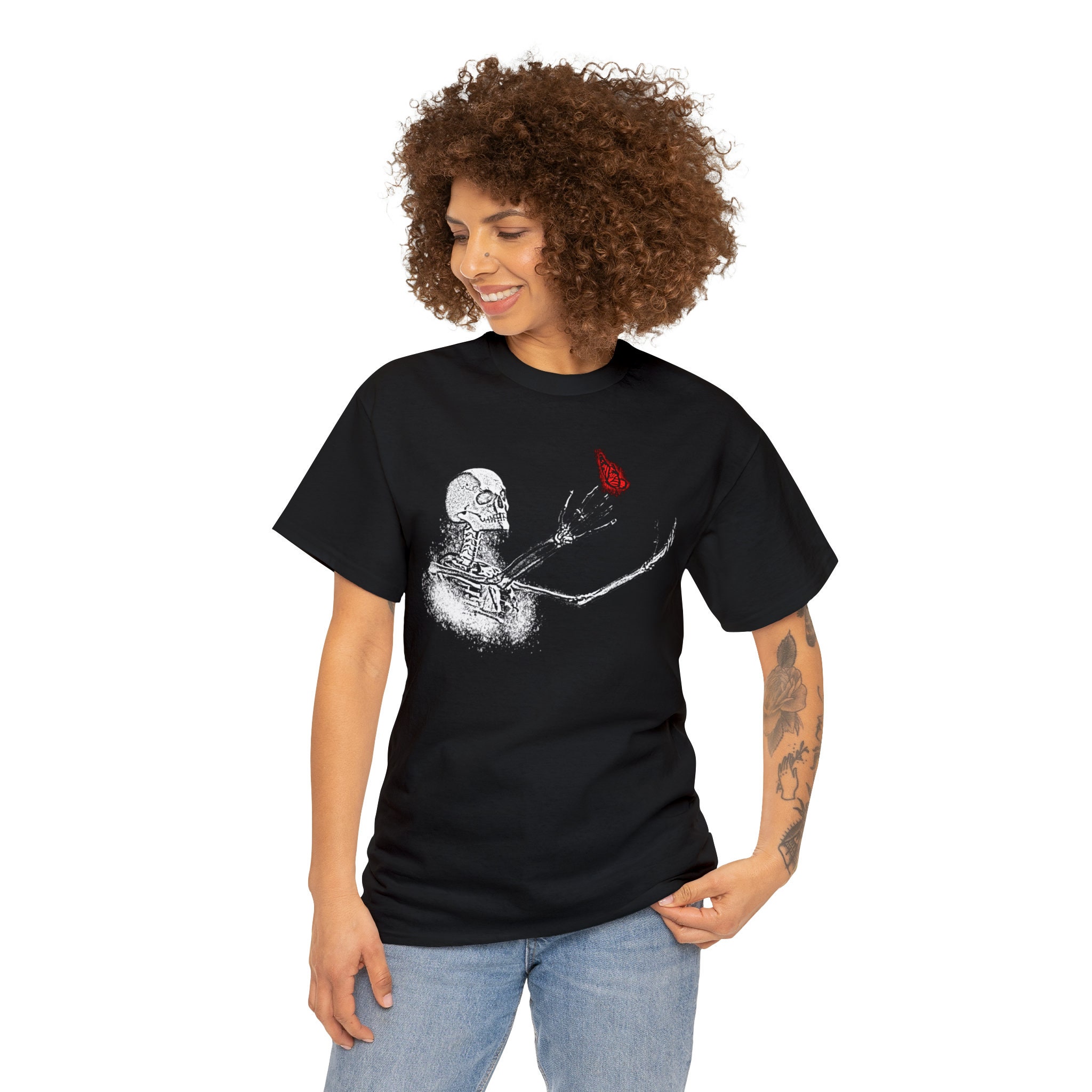 Discover Gothic Curious Skeleton With Butterfly Shirt | Spooky Vibes T-Shirt | Halloween Gift Unisex Cotton Tee