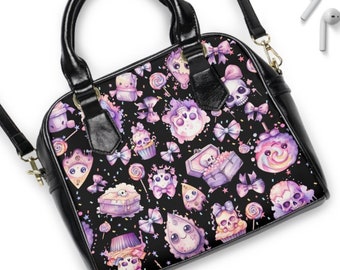 Pastel Goth Shoulder Handbag | Kawaii Gothic Purse | Adjustable Crossbody Purse | Creepy Cute Pink & Black Bag | Dark Academia