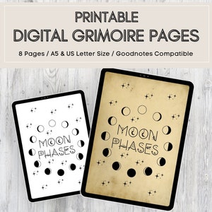 Digital Grimoire Pages Moon Phases | Printable Book of Shadows Pages | Witchy Planner | Grimoire Journal