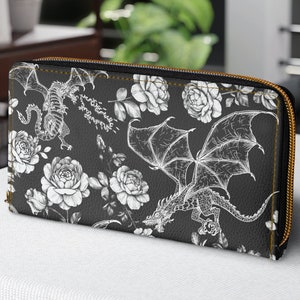Dragons Zipper Wallet | Gothic Floral Dragons Wallet | Bookish Merch, Booktok Merch, Gift for Book Lovers | Goth Wallet
