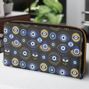 Cartera con cremallera Evil Eye / Cartera de mujer / Cartera Mal de Ojo / Protección contra el mal de ojo / Mal de ojo dorado y azul / Ojo que todo lo ve, Tercer Ojo