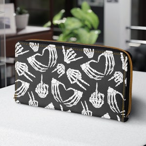 Cartera con cremallera con manos de esqueleto / Cartera gótica, Cartera de bruja, Símbolo de la paz, Dedo medio, Corazón con manos de esqueleto
