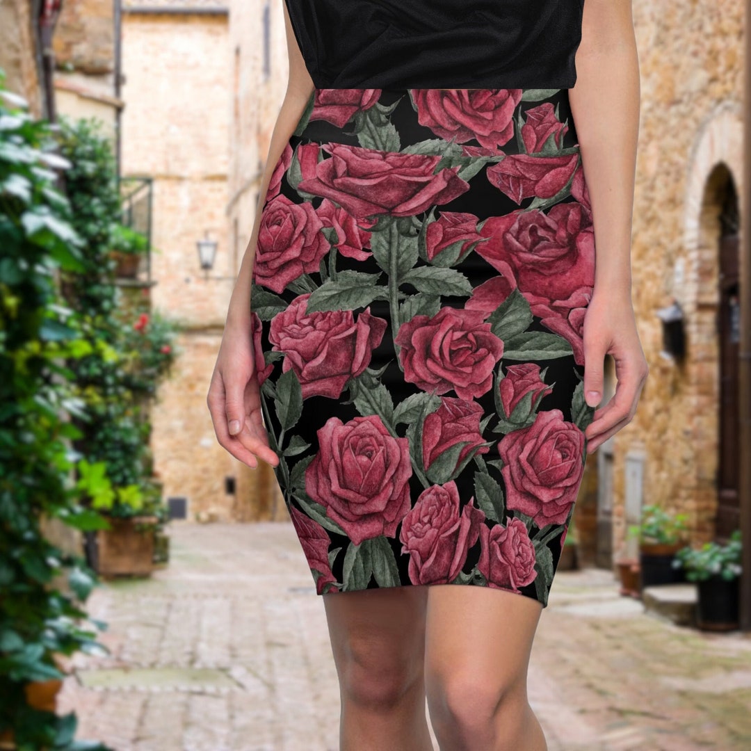 Gothic Rose Skirt Women's Pencil Skirt Red Rose Skirt Etsy