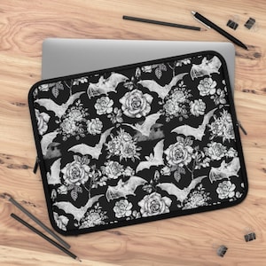 Gothic Floral Bats Laptop Case | Bats & Roses Kindle Sleeve, iPad Sleeve | Dark Academia Aesthetic Laptop Sleeve