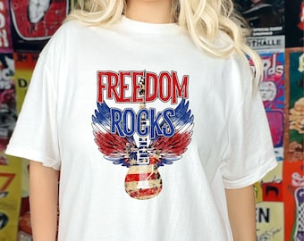 Camiseta de guitarra Freedom Rocks, camiseta de colores cómodos del 4 de julio