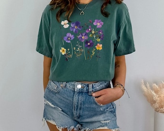 Camiseta con estampado floral, camisa con flores silvestres, camisa con colores cómodos