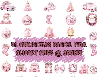 Roze pastel kerst clipart 41 PNG bundel met vintage vrachtwagen, strikken, kaarsen, open haard, kerstman, kous, ornament, kerstboom